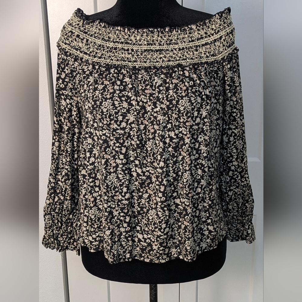 Promera Floral Peasant Off The Shoulder Blouse Long Sleeves Black White Size M